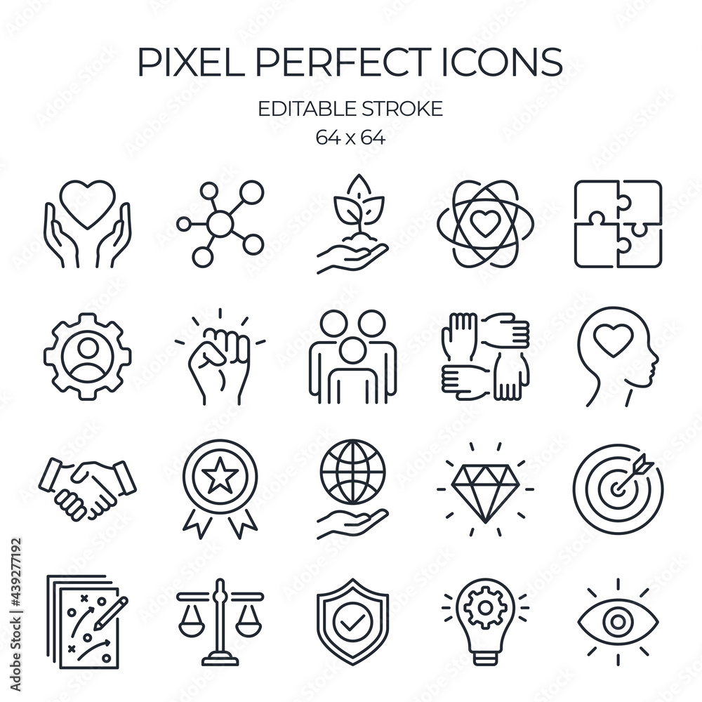 Core values as trust, integrity, environment, empowerment, strategy, morality and more editable stroke outline icons set isolated on white background flat vector illustration. Pixel perfect. 64 x 64. Core values as trust, integrity, environment, empowerment, strategy, morality and more editable stroke outline icons set isolated on white background flat vector illustration. Pixel perfect. 64 x 64.
