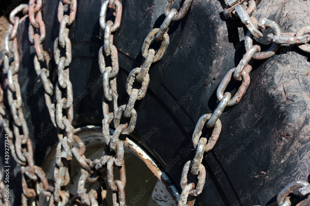 Snow chains on the tire Snow chains on the tire