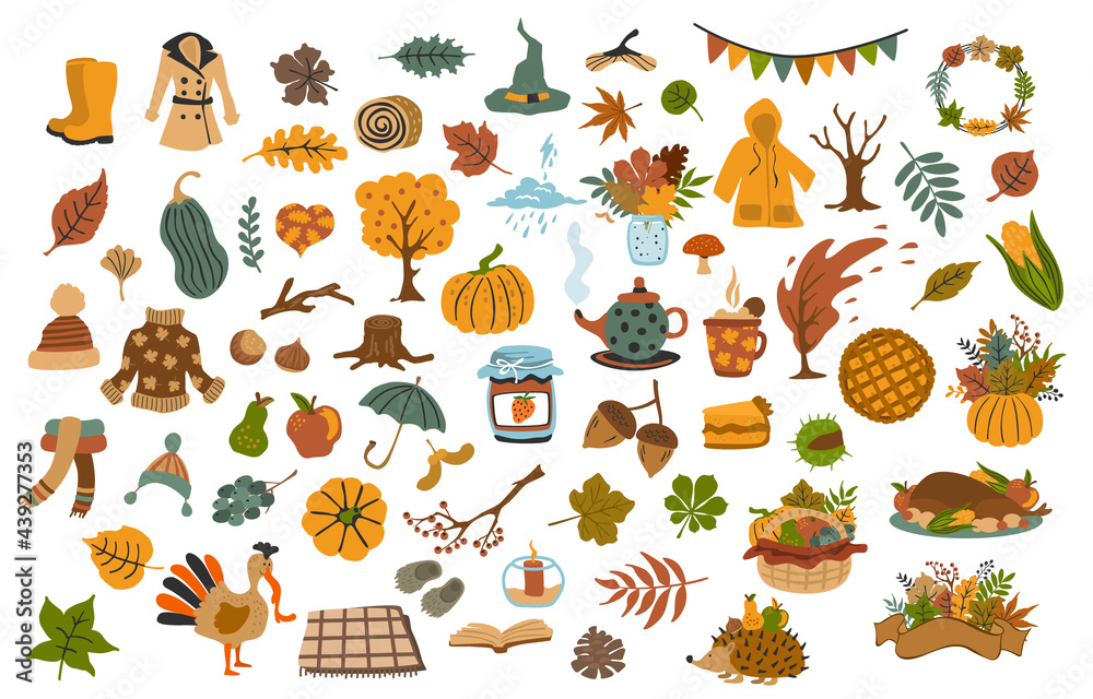 collection set of cute drawn autumn fall thanksgiving seasonal items collection set of cute drawn autumn fall thanksgiving seasonal items