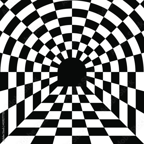 A black and white relief tunnel. Optical illusion. Vector illustration