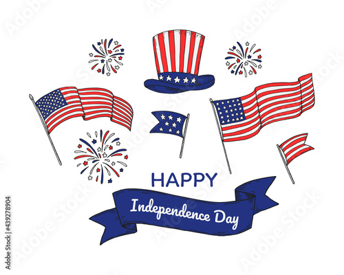 Happy USA Independende Day design elements. 4th of July. Hand drawn vector illustration
