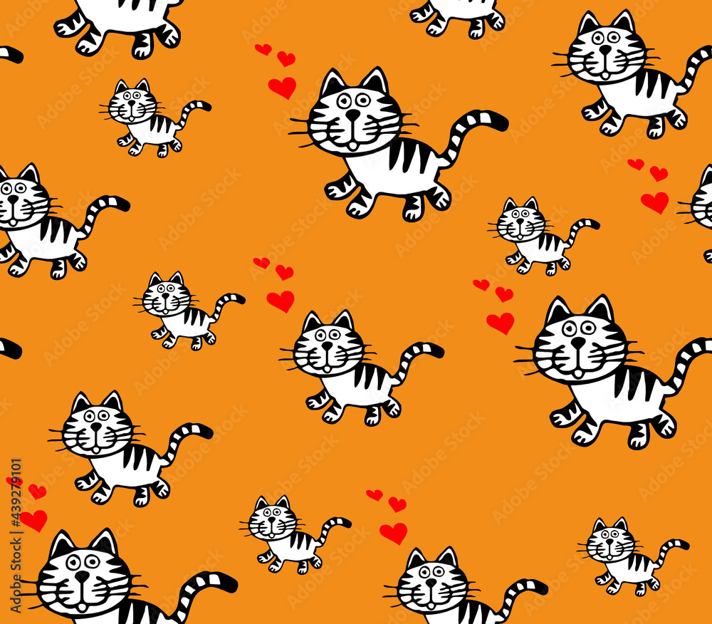 A cat drawn in black lines with red hearts on an orange background.Seamless pattern. A cat drawn in black lines with red hearts on an orange background.Seamless pattern.