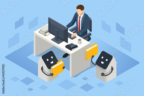Isometric artificial intelligence robot helps in working with the database concept. Artificial intelligence provide access to information