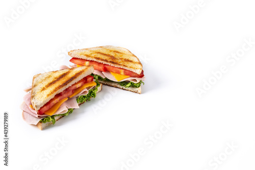 Sandwich with tomato,lettuce,ham and cheese isolated on white background.Copy space