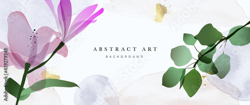 Abstract art background vector. Luxury minimal style wallpaper with golden line art flower and botanical leaves, Organic shapes, Watercolor. Vector background for banner, poster, Web and packaging.