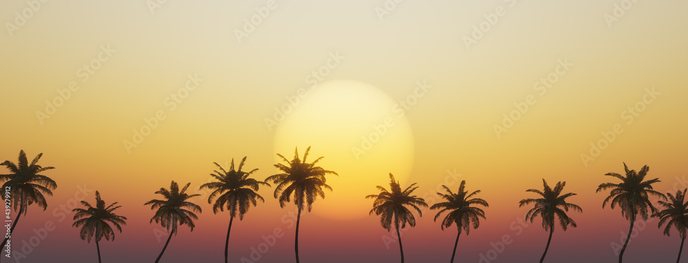 tropical sunset with palm trees - obrazy, fototapety, plakaty 