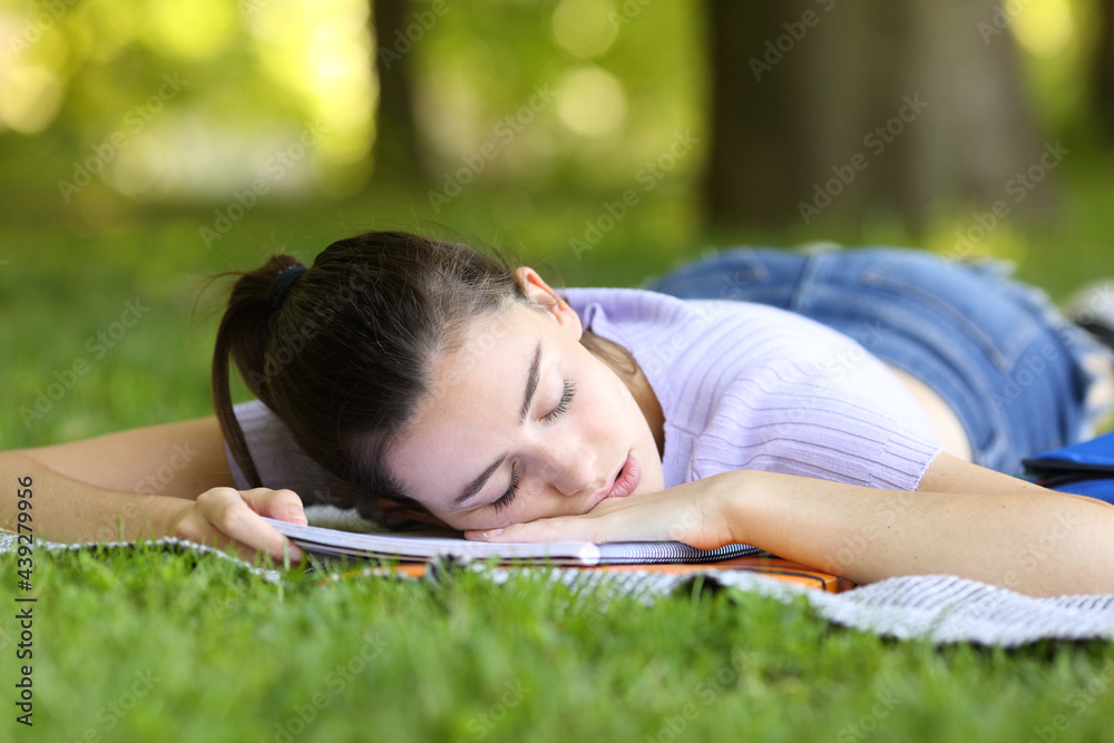 Tired student sleeping on notebook in a park Tired student sleeping on notebook in a park