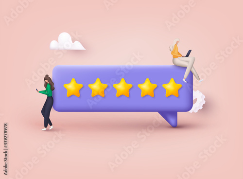 People Characters Giving Five Star Feedback. Vector customer review concepts. Reviews stars with good and bad rate and text. 3D Web Vector Illustrations.