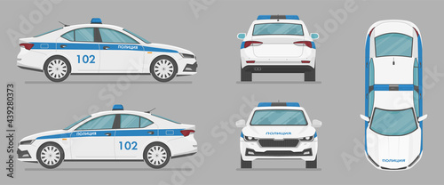 Russian police car. Side view, front view, back view, top view. Cartoon flat illustration, auto for graphic and web. Translation: police