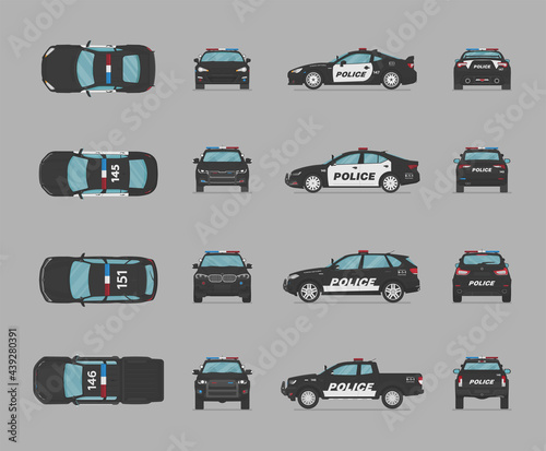 American police cars. Side view, front view, back view, top view. Cartoon flat illustration, auto for graphic and web