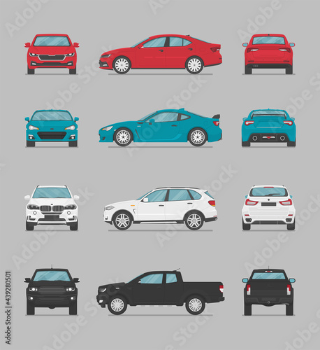 Vector cars. Side view, front view, back view, top view. Cartoon flat illustration, car for graphic and web