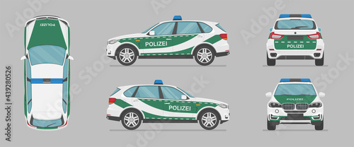 German police car. Side view, front view, back view, top view. Cartoon flat illustration, auto for graphic and web. Translation: police