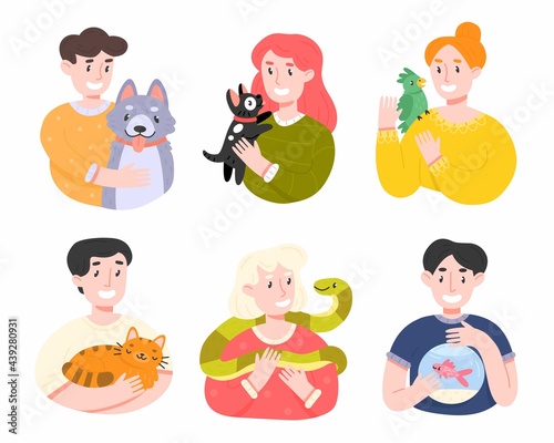 Happy pet owners vector illustration set. Collection of smiling people with different pets in flat cartoon style. Isolated elements on white background.