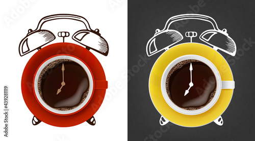 Stylized coffee cup alarm clock. Vector illustration.