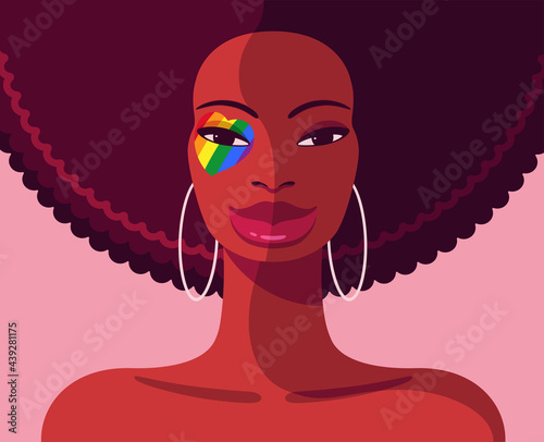 Vector portrait of young beautiful black woman with face painting on the right eye depicting a heart in rainbow colors of lgbt flag