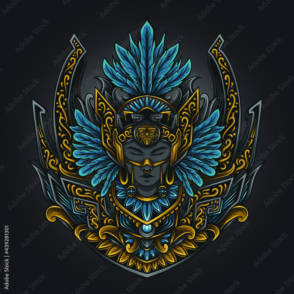 artwork illustration and t shirt design aztec mayan women head engraving ornament