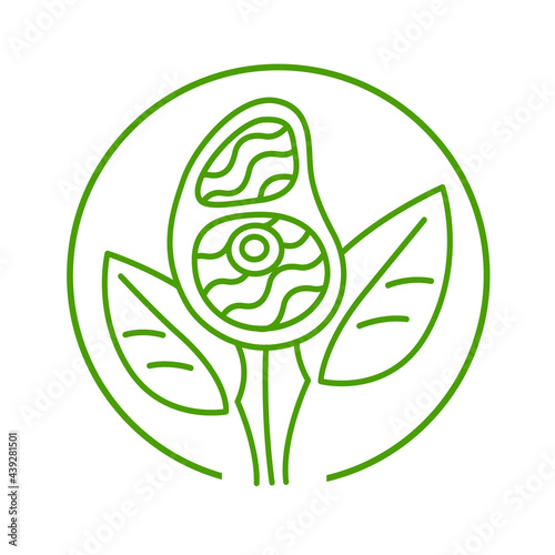 Plant based meat sign concept, green line. Vegan product. Steak grows from plant leaves. Round vector flat icon for organic natural vegetarian food.