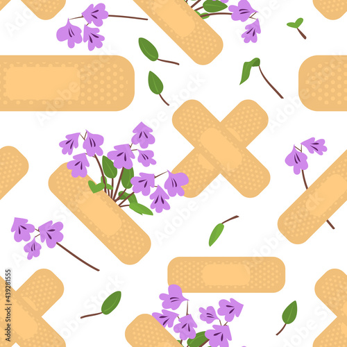 Seamless pattern with sticking plasters and purple flowers. Medical patch repeat texture. On white background. Stock vector illustration.