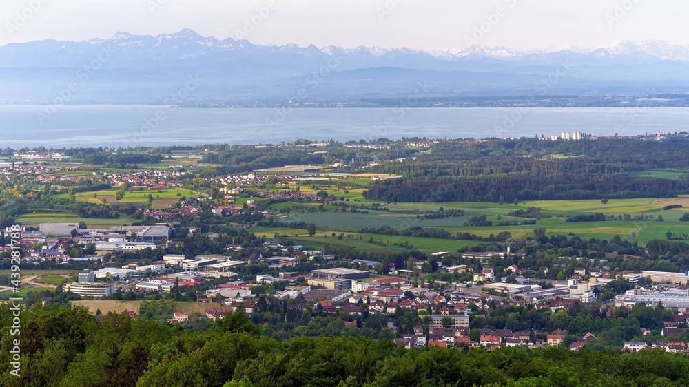 View from Gehrenberg to Markdorf with neighboring communities, Germany. In the background Lake Constance and the Swiss Alps