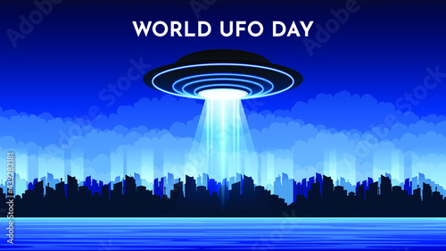 Abstract Aliens On Flying Saucers Background Gradient Unidentified Flying Object World Ufo Day City Landscape Vector Design Style