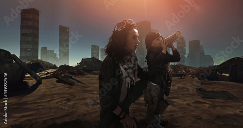 Post-apocalyptic beautiful woman with her son 