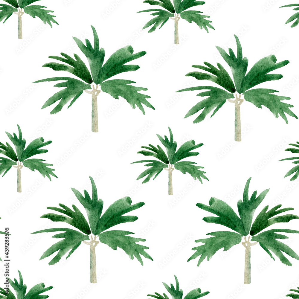 Palm trees watercolor seamless pattern. Template for decorating designs and illustrations.