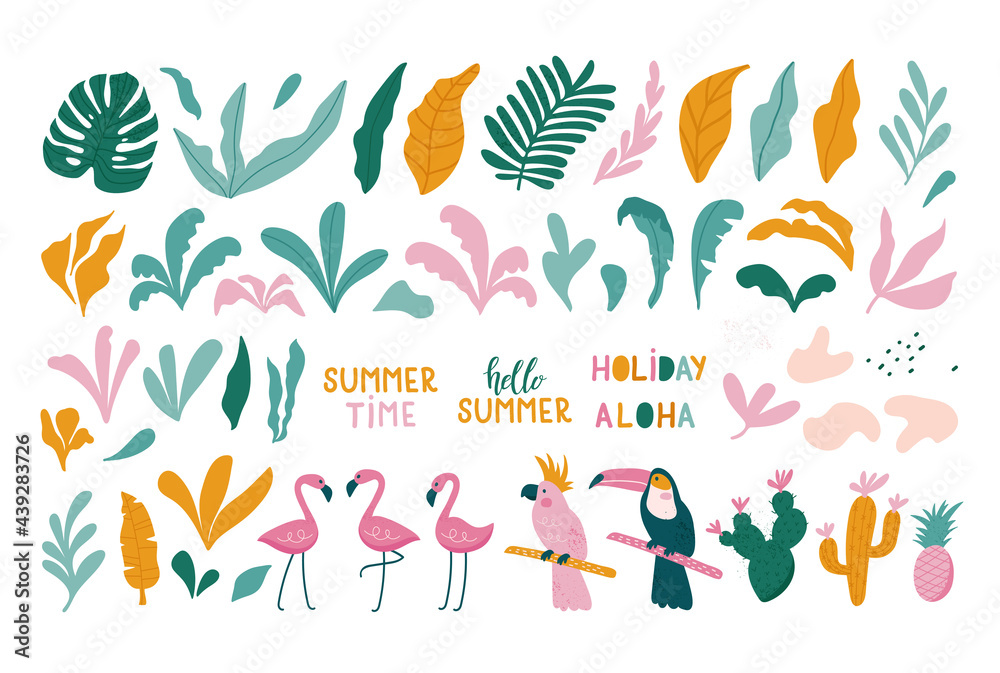Summer set of design elements tropical leaves, flamingos, toucan, parrot. Vector Summer set of design elements tropical leaves, flamingos, toucan, parrot. Vector