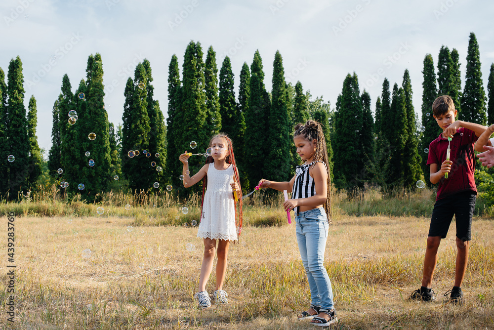 A large group of cheerful children play in the Park and inflate soap bubbles. Games in a children's camp