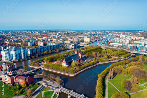 Aerial top view Kant Island with blue sky city Kaliningrad Russia