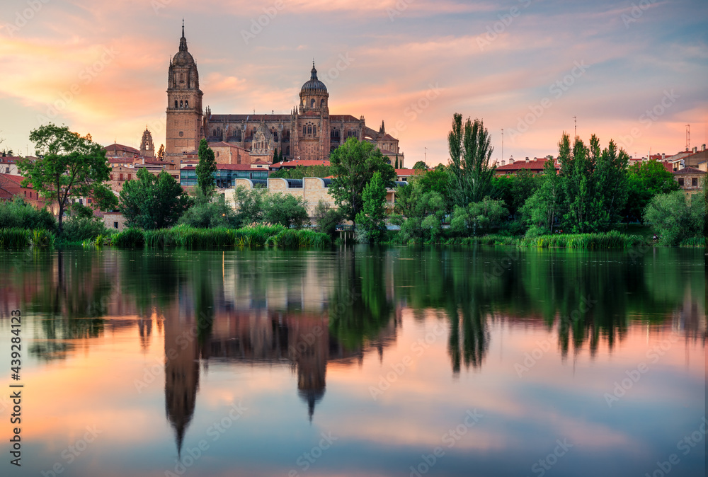 view of the cathedral of Salamanca in Spain reflected in the river tormes.