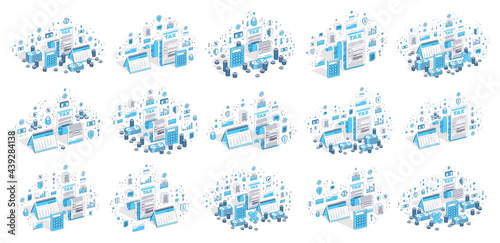 Taxation concept 3D vector designs set isolated on white background, stylish business and finance theme illustrations collection.