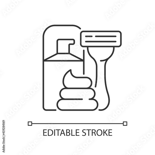 Razor and shaving cream linear icon. Facial skincare, hair removal for man. Lotion for aftershave. Thin line customizable illustration. Contour symbol. Vector isolated outline drawing. Editable stroke