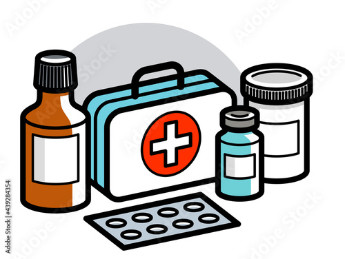 Medicine first aid medical kit theme pills and bottles 3d vector illustration isolated, medicaments and drugs, health care meds cartoon, vitamins or antibiotics, simple linear design.