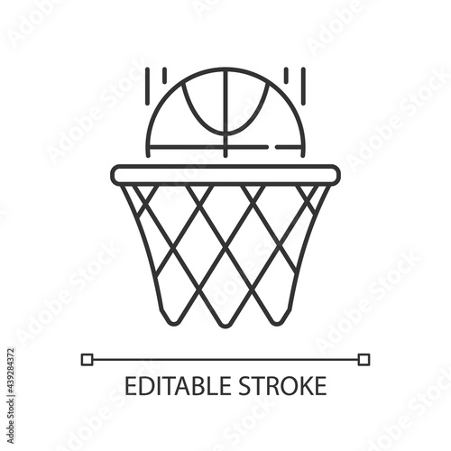 Basketball linear icon. Team sport for exercise. Scoring goal with shooting ball in hoop. Thin line customizable illustration. Contour symbol. Vector isolated outline drawing. Editable stroke