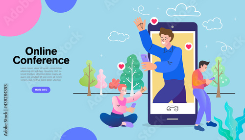 man and woman in video conference with colleagues. Teleconference for work from home concept. Videoconferencing and online meeting workspace.