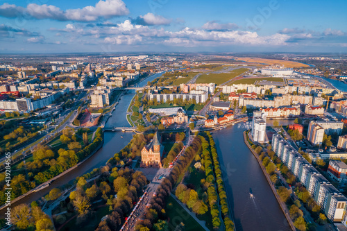Panorama Kaliningrad Russia, Fishing Village, cathedral on island of Kant, sunset summer day, Aerial top view
