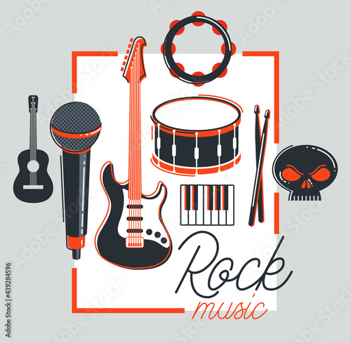 Rock music band vector poster flat illustration isolated over white background, hard rock and heavy metal live sound festival or concert flyer or advertising banner, rock n roll musical band playing.