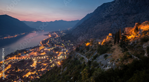 Sunset in the mountains, old town of Kotor, Montenegro