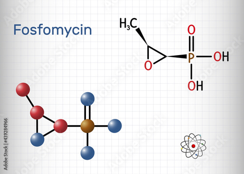 Fosfomycin, phosphomycin, phosphonomycin molecule. It is synthetic antibiotic with antimicrobial, bactericidal properties. Sheet of paper in a cage