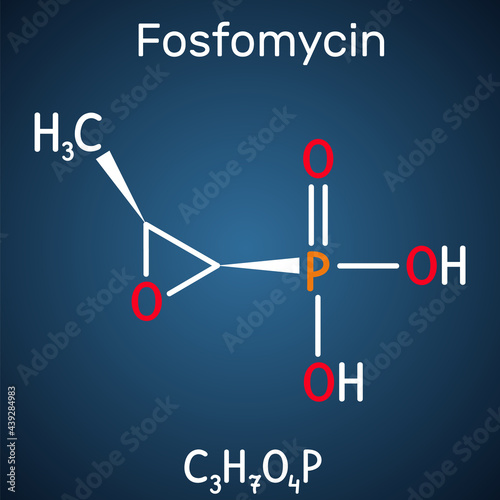 Fosfomycin, phosphomycin, phosphonomycin molecule. It is synthetic antibiotic with antimicrobial, bactericidal properties. Dark blue background