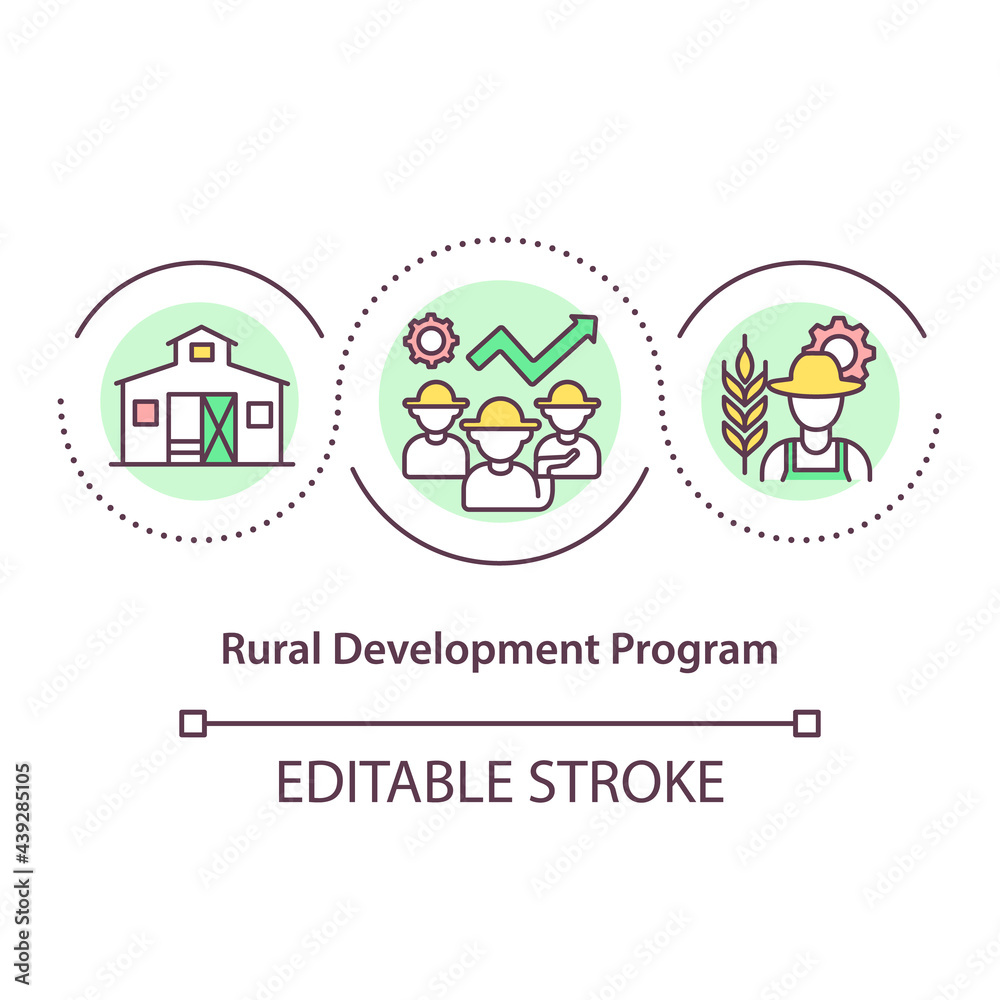 Rural development program concept icon. Life improving of people living in rural areas. Natural resources abstract idea thin line illustration. Vector isolated outline color drawing. Editable stroke