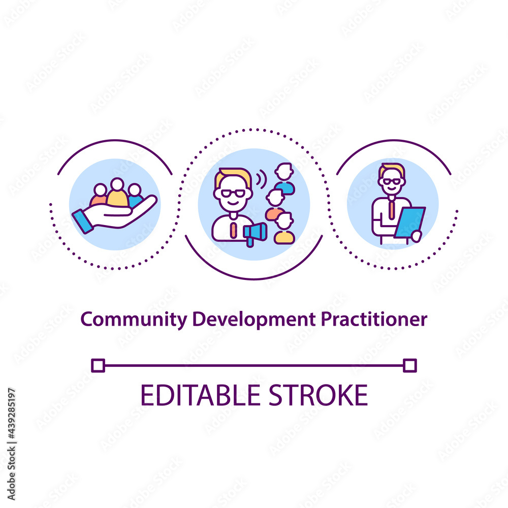 Community development practitioner concept icon. Agent improves life of community. Upgrading society life abstract idea thin line illustration. Vector isolated outline color drawing. Editable stroke