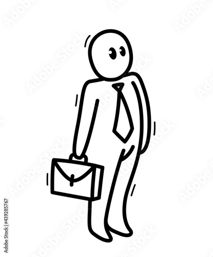 Funny cartoon man standing with briefcase and tie, businessman vector flat style illustration isolated on white, cute and positive small guy drawing or icon.