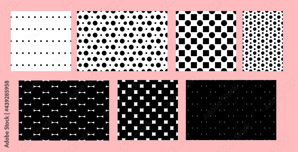 A set of geometric black and white seamless patterns. Monochrome classic pattern circles and squares, tiles. Infinite texture for wallpaper design.