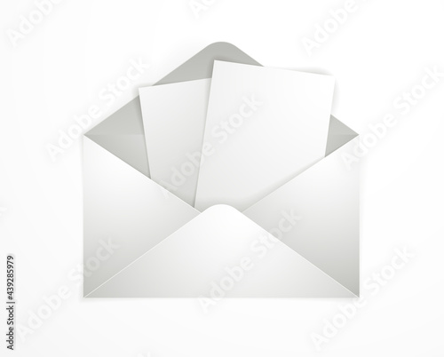 Postal envelope with blank card over white background realistic vector paper illustration, graphic design element message greeting mail.