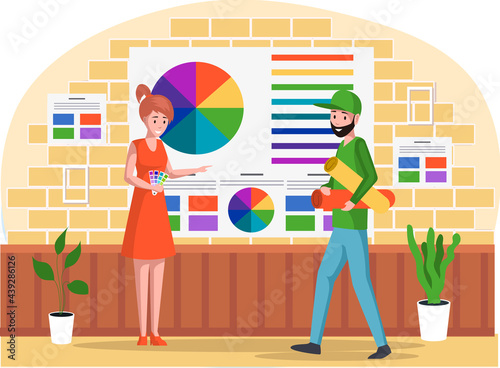 Woman is choosing color from paint swatches and samples. Girl in office of publishing and printing choose print color. People in typography are looking at colors. Man carries colored papers