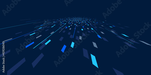 Abstract vector blue background, communication technology concept, dark 3d bits flying in perspective, futuristic abstraction.