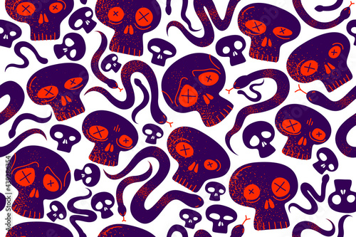 Skulls and snakes seamless textile pattern, horror sculls and serpents endless wallpaper background, cartoon style, death and heavy metal culture music fashion theme.