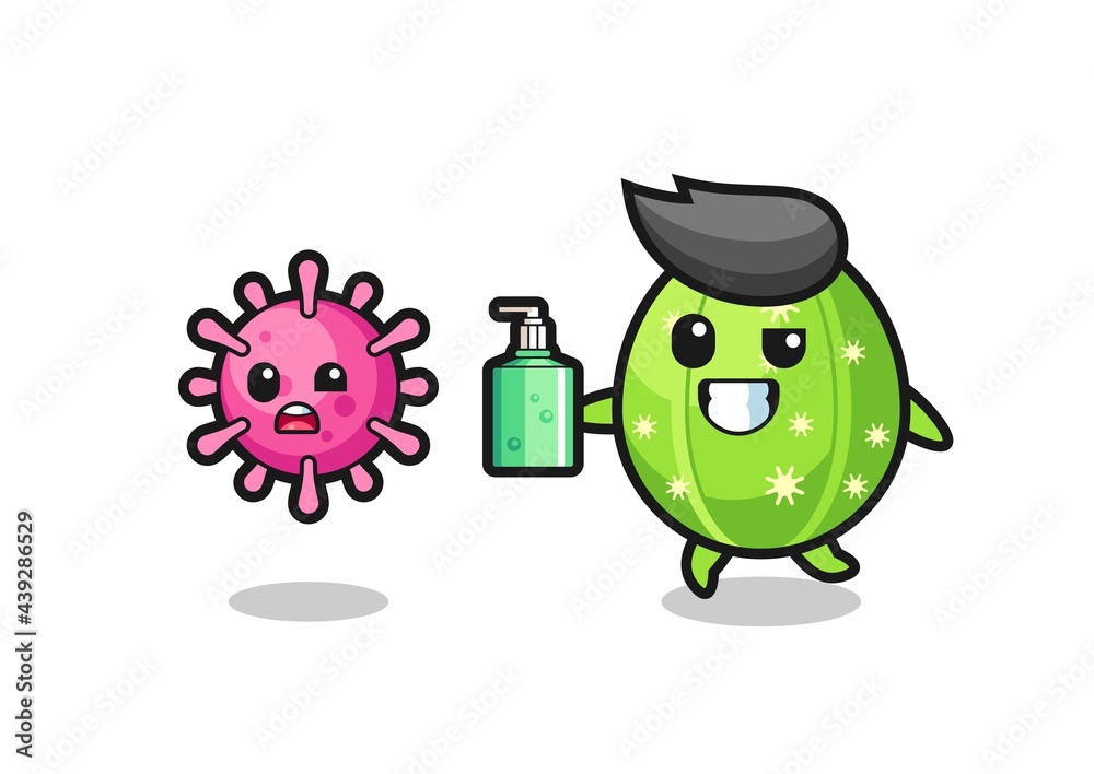 illustration of cactus character chasing evil virus with hand sanitizer