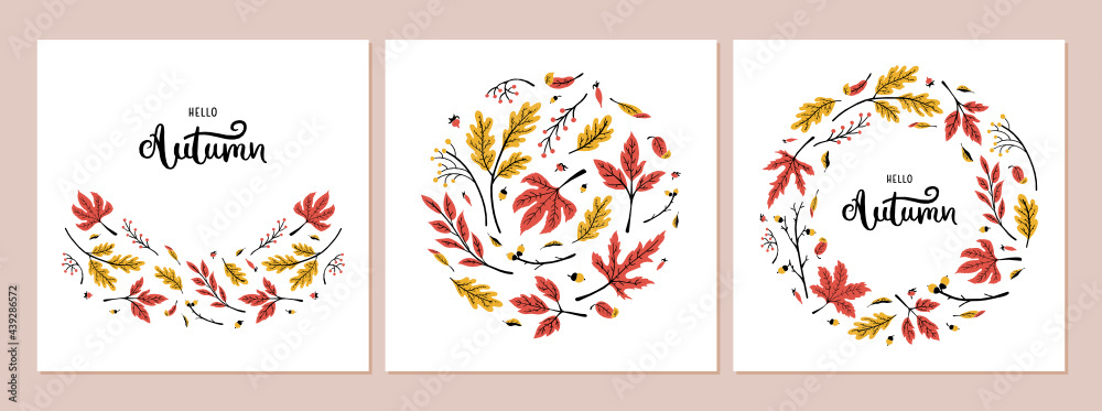 Autumn abstract templates collection, leaves borders and frames with hand-drawn lettering - Hello Autumn. Square cards with red and yellow leaves. Vector backgrounds for invitation or greeting card.